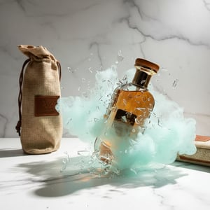 erfume bottle broken, icy mint fog emerging; studio on white marble Malaysia &mdash; clear bottle and box, cinematic lighting.