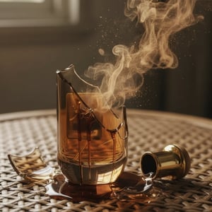 Perfume bottle broken, woody musk trail emerging; Malaysian home interior Malaysia &mdash; clear bottle and box, cinematic lighting