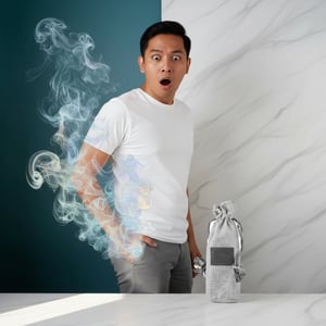 Green perfume bottle with gray drawstring bag on a white surface