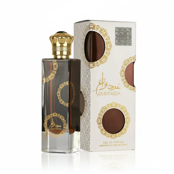Oud Fazza perfume bottle and packaging on a white background