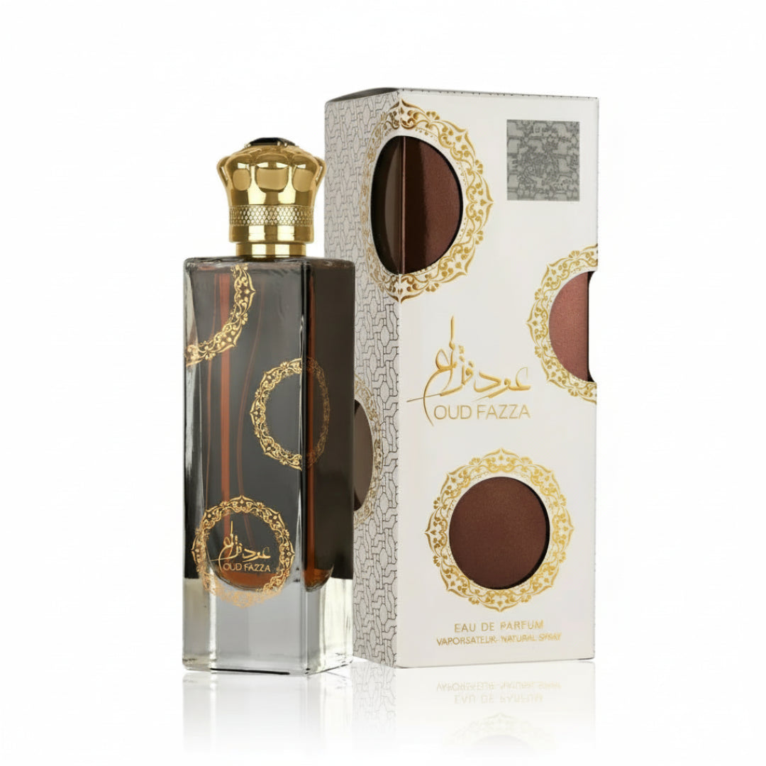 Oud Fazza perfume bottle and packaging on a white background