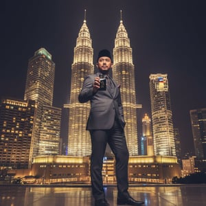 Lelaki Melayu memegang Oud 24 Hours di KLCC malam – vibe mewah Malaysia