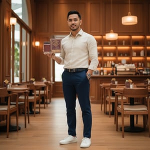 Lelaki Melayu di kafe interior kayu dengan Oudi &ndash; vibe classy Malaysia