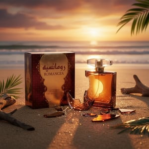 Romancea Perfume bottle and packaging on a beach at sunset