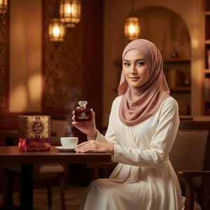 wanita berhijab malaysia kafe pegang shams al emarat warm arabic