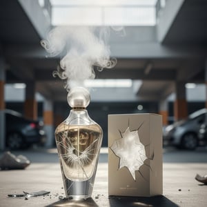 Perfume bottle broken, white floral coconut haze emerging; car park under soft light Malaysia &mdash; clear bottle and box, cinematic lighting.