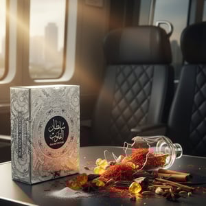 Decorative box with intricate patterns and Arabic text on a white background