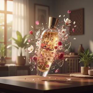 Botol Teef Al Hub Perfume bottle with floral elements on a table in a room with plants and a window.