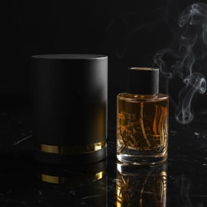 Perfume bottle with smoke effect on a dark background