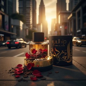 Perfume bottle broken, rose‑oud petals emerging; Kuala Lumpur street Malaysia — clear bottle and box, cinematic lighting.