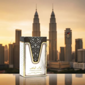 Turab Al Dhahab dengan latar KLCC golden hour, gaya premium Malaysia