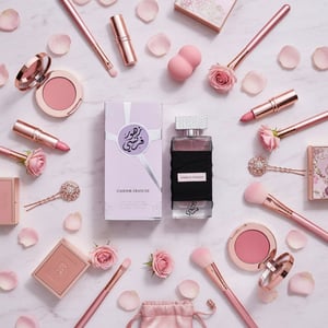 zahoor francee flatlay pink makeup perfume wanita malaysia