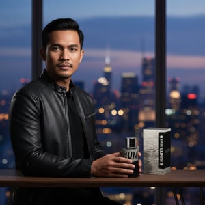Malay man holding Hunter Intense Armaf 100ml EDP in leather jacket men perfume Malaysia