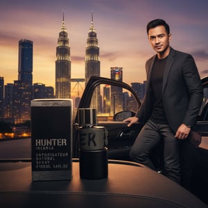 Hunter Intense Armaf 100ml EDP bottle and box on car dashboard KL skyline men fragrance Malaysia