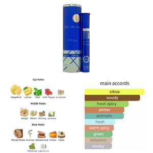 Product packaging with a color swatch and fragrance notes on a white background