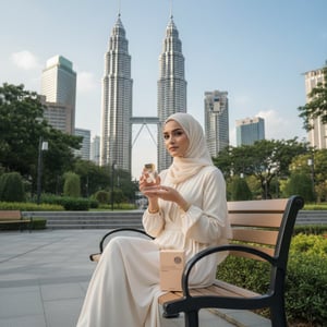 wanita hijab pegang club de nuit woman duduk bangku klcc malaysia