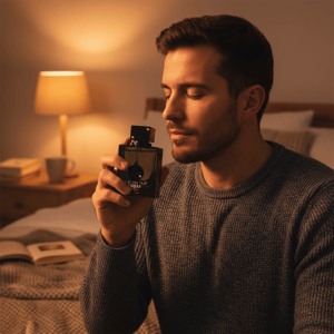Man holding a perfume bottle in a bedroom setting