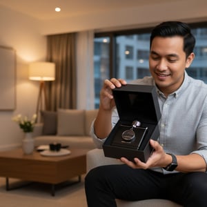 Man holding a black box with a silver pendant inside, sitting in a living room.
