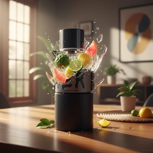 Hunter Intense Armaf perfume lelaki budget best bau fresh - Black blender with fruits splashing out on a wooden table in a room with plants and a colorful abstract painting.