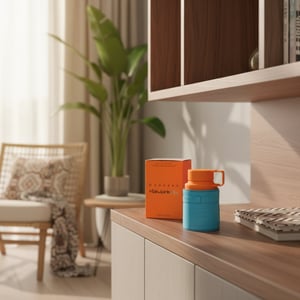 Blue and orange container on a wooden surface with a plant and chair in the background