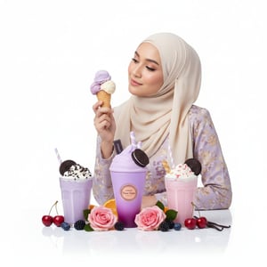 Woman holding an ice cream cone with various ice cream drinks and toppings on a white background