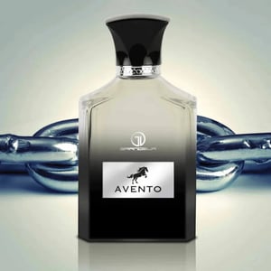 Perfume bottle labeled 'Avento' with a chain in the background