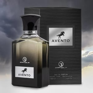 Avento perfume bottle and packaging with a stormy sky background