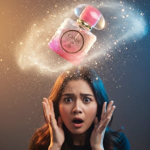 Perfume bottle with pink cap and gradient design on a white background