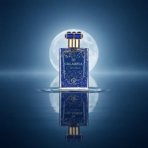 Blue speckled perfume bottle with gold accents and a keychain on a white background