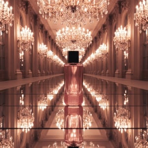 Glitz &amp; Glam on mirrored ballroom floor with endless chandelier reflections; bottle and box clearly visible.