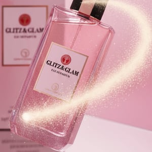 Glitz &amp; Glam floating above mirror with vanilla stardust comet tail; soft pink glow; bottle and box clearly visible.