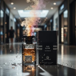 Oud Elixir perfume bottle and packaging with smoke effect on a reflective surface.