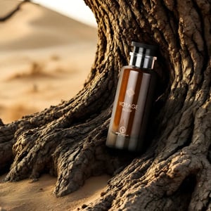 Voyage perfume bottle nestled in a tree trunk on a sandy beach