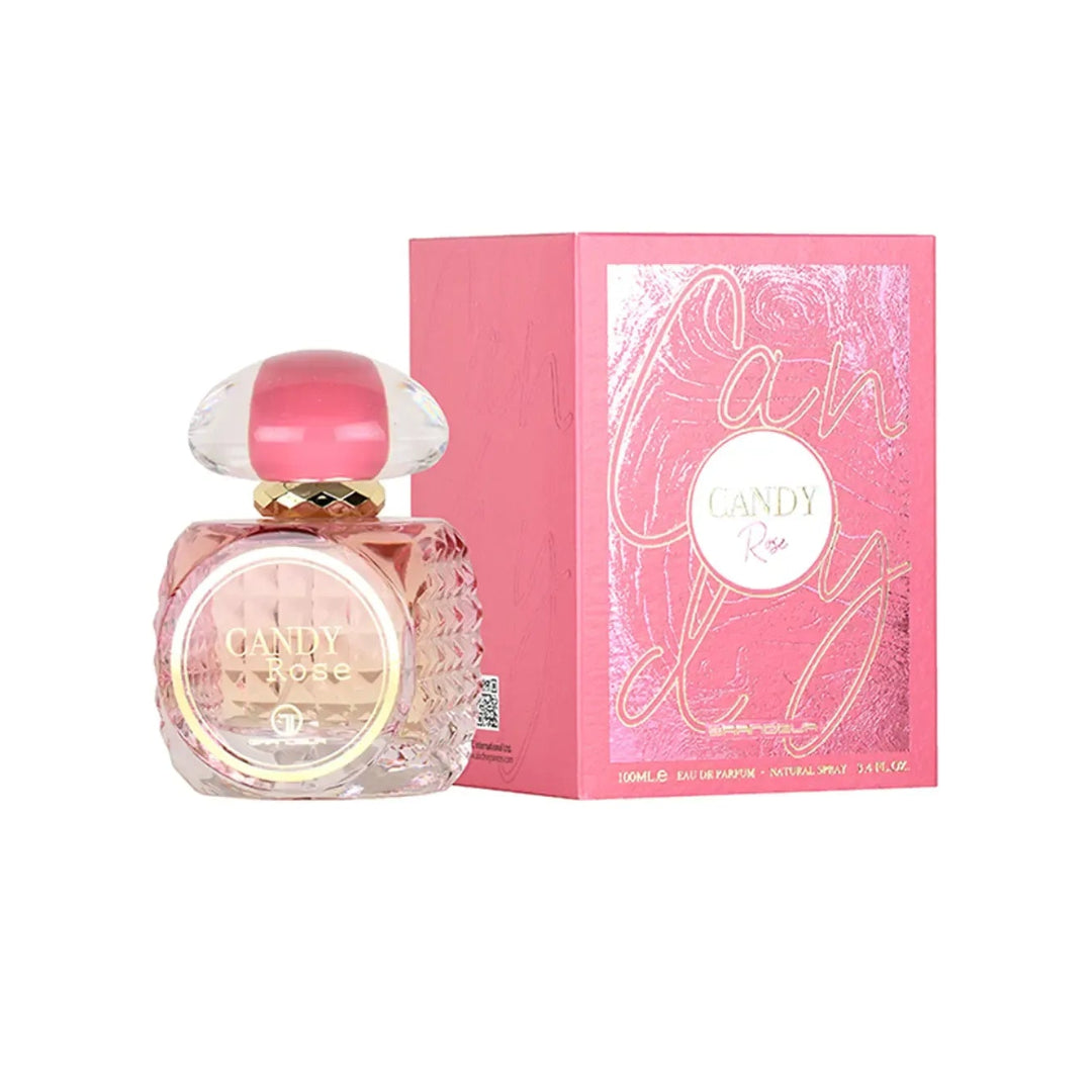 Pink perfume bottle and packaging on a white background