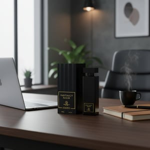 Instinct Noir di meja kerja lelaki &ndash; perfume harian maskulin Malaysia”