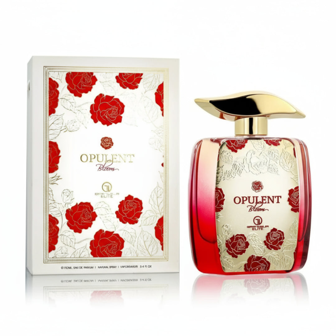 Opulent Bloom perfume bottle and packaging with red floral design on a white background