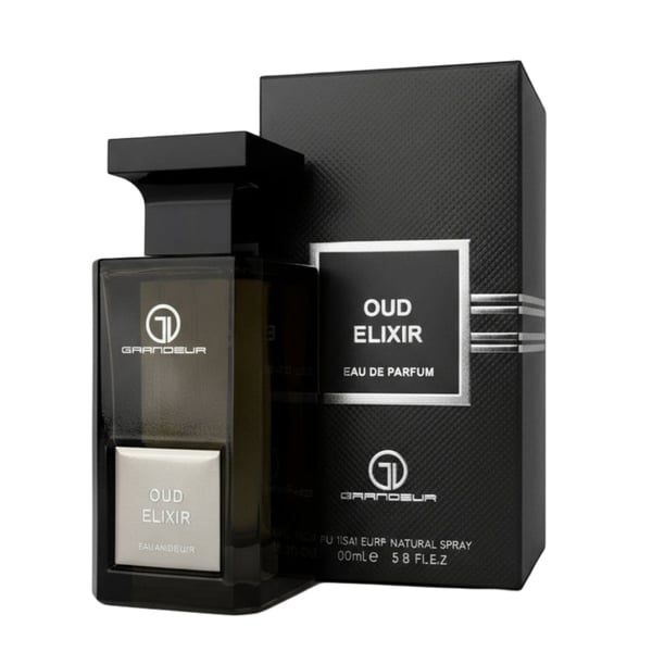 Oud Elixir perfume bottle and packaging on a white background