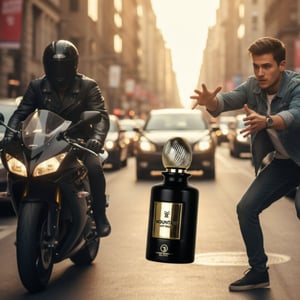 Perfume bottle with gold and black design on a decorative background