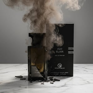 Oud Elixir Perfume Perfume bottle broken, fog emerging; studio on white marble Malaysia &mdash; clear bottle and box, cinematic lighting