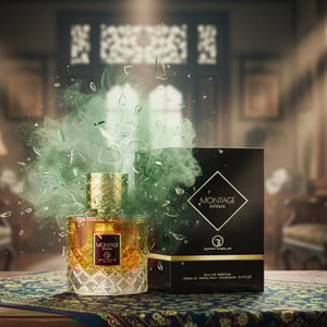 Perfume bottle broken, green orchid mist emerging; heritage house with batik table Malaysia — clear bottle and box, cinematic lighting.
