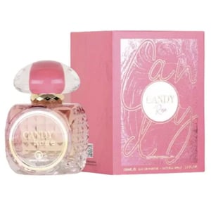 Pink and gold perfume bottle with matching box on a white background
