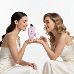 Pink perfume bottle with silver cap and tassel on a white background