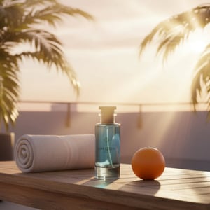 Men’s perfume bottle and box on teak bench rooftop terrace in Malaysia with gym towel and citrus fruit &ndash; fresh energetic fragrance