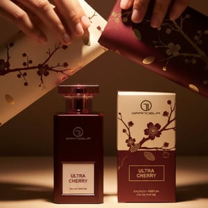 Malaysian woman opening a luxury gift to reveal Ultra Cherry bottle and box; gold cherry‑almond motifs; warm spotlight, sharp product.