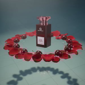 Ultra Cherry floating on indoor pool with a ring of rose petals and cherries; sandalwood shadows; bottle and box clearly visible.