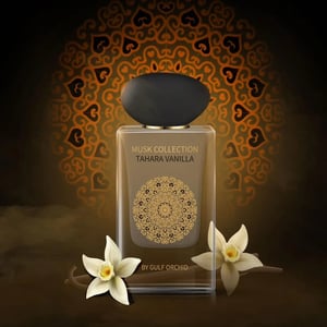 Perfume bottle labeled 'Musk Collection Tahara Vanilla' by Gulf Orchid with decorative elements and flowers on a dark background.