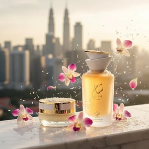 Sham Perfume Woman Gulf Orchid on marble balcony with KL bokeh, coconut shavings and orchid petals in warm breeze; clear product.