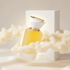 Sham Perfume Woman Gulf Orchid levitating over silk with creamy vanilla ribbons and golden halo; bottle and box sharp.