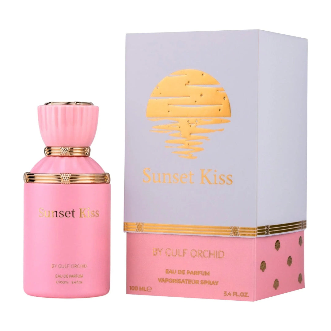 Pink 'Sunset Kiss' perfume bottle and packaging on a white background