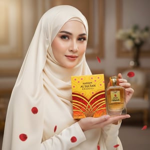 wanita berhijab malaysia pegang hareem al sultan gold feminin